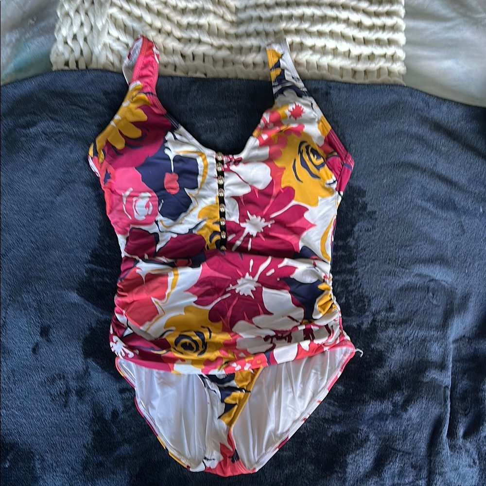 Anne Cole Pink and Yellow One Piece Swimsuit with Floral Design